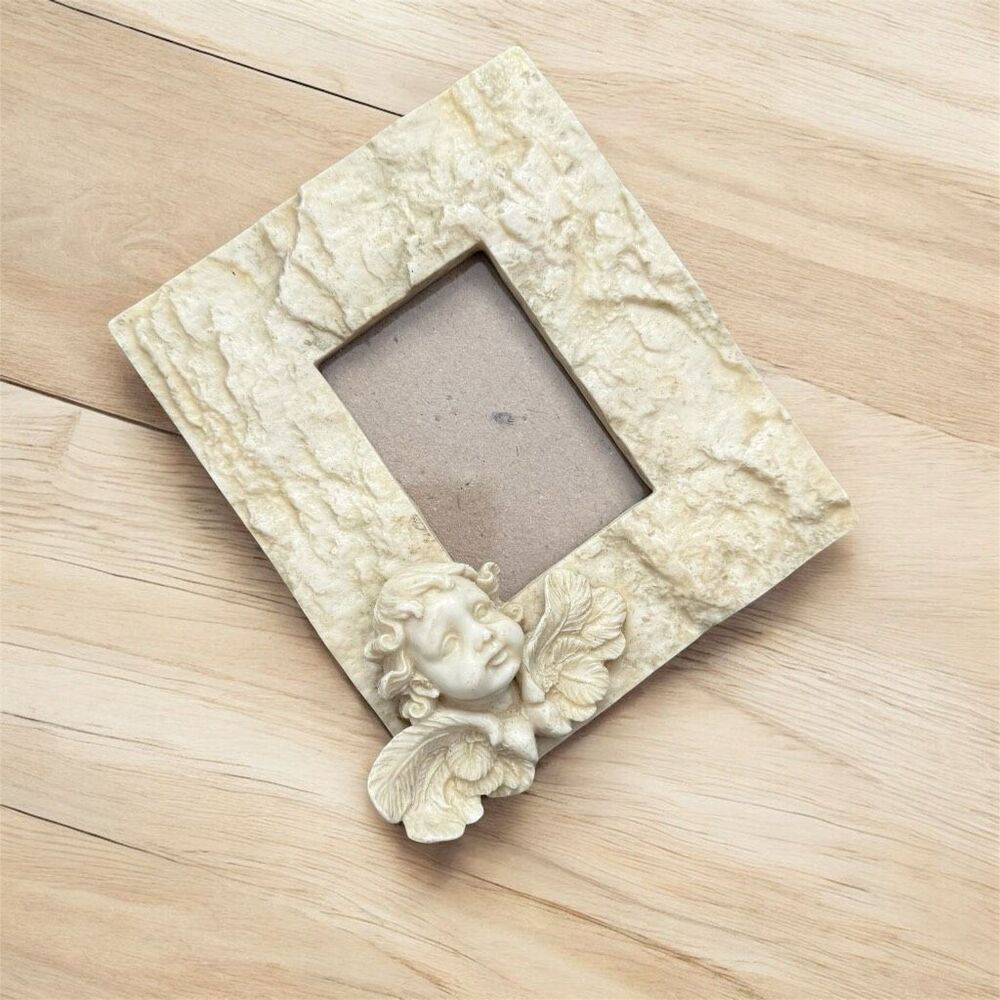 Small Vintage Angel Cherub Whimsy Ivory Frame Photo Art Wall Decor Square